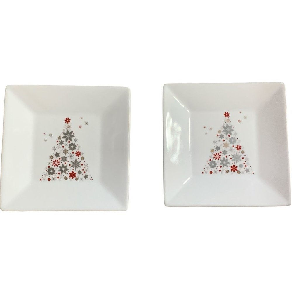 2 Food Network Holiday Tree Square Appetizer Plates Linzer Red & Silver Trees